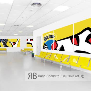 Thumbnail Modern kunstwerk in briljante kleuren en expressieve vormen. Wachtruimte in ziekenhuis.