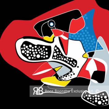 Creatieve en expressieve abstracte afbeelding van een hond geïnspireerd door inheemse en pop-art invloeden.