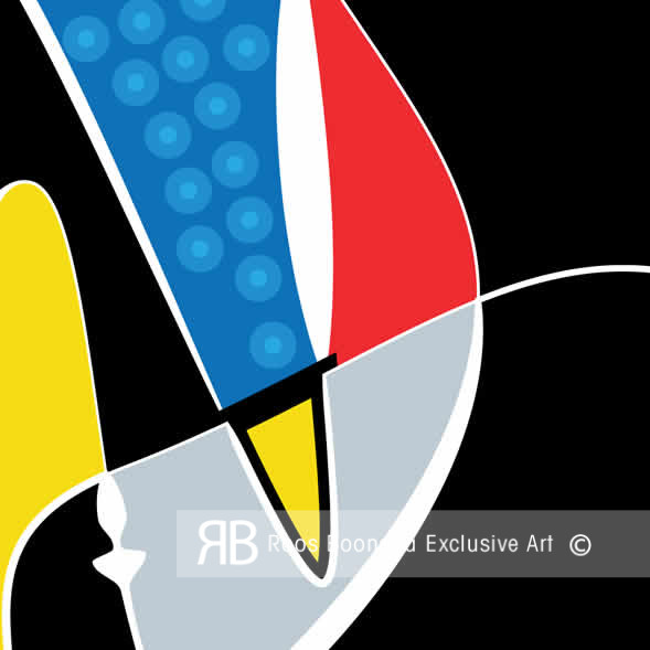 Kleurrijk detail uit de serie acrylaat, met dynamische patronen en contrasterende kleuren op een zwarte achtergrond.