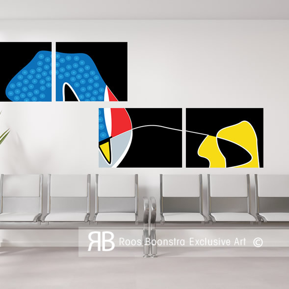 Moderne abstracte schilderijencompositie met geometrische kleurvlakken en vloeiende witte lijn, kunst voor designinterieur en kunstliefhebbers.