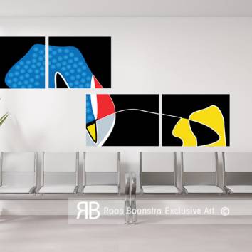 Thumbnail Moderne abstracte schilderijencompositie met geometrische kleurvlakken en vloeiende witte lijn, kunst voor designinterieur en kunstliefhebbers.