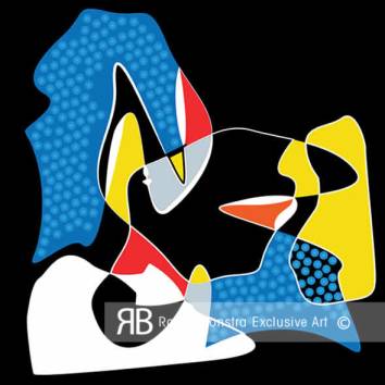 Thumbnail Abstract fineart schilderij met felblauwe, gele en rode vormen, expressieve lijnen en krachtige compositie, geschikt voor moderne wachtruimte.