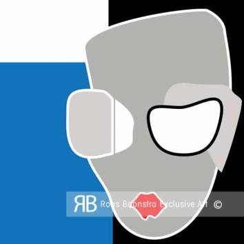 Abstract modern gezicht met opvallende zonnebril en rode mond op diamantglas, minimalistisch design.