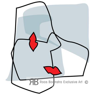 Geabstraheerd gezicht met twee rode monden op diamantglas: een modern, minimalistisch kunstwerk waarbij krachtige lijnen en levendige accenten elke ruimte karakter geven. Ideaal voor liefhebbers van uitgesproken, eigentijdse kunst aan de muur.