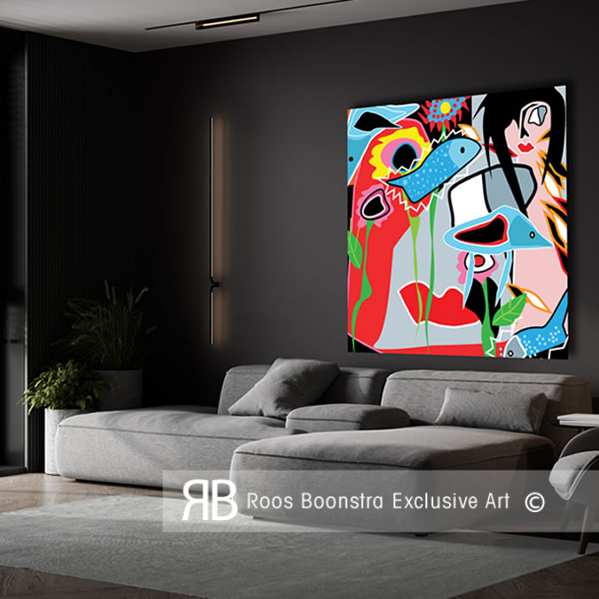 Popart vrolijk en kleurrijk schilderij voor donkere achtergrond  in fine art kwaliteit