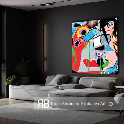 Thumbnail Popart vrolijk en kleurrijk schilderij voor donkere achtergrond  in fine art kwaliteit