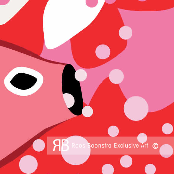 Modern kunstwerkdetail met fantasiewezen, felle kleuren en zwevende bellen, thema: speelsheid en verbeelding.