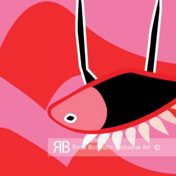 Thumbnail Modern kunstwerkdetail met gestileerde bek, felle kleuren en dynamische compositie, thema: fantasie en expressie.