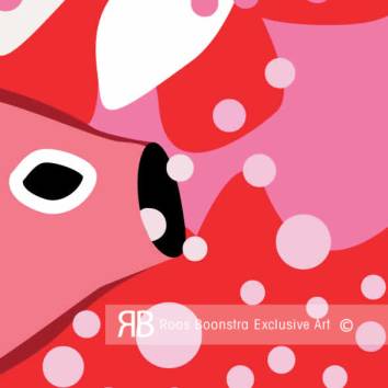 Thumbnail Modern kunstwerkdetail met fantasiewezen, felle kleuren en zwevende bellen, thema: speelsheid en verbeelding.