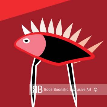 Thumbnail Modern kunstwerkdetail met mythisch dier, felle roodtinten, scherpe stekels en lange poten, thema: fantasie en energie.