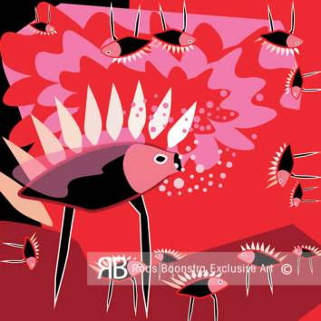 Thumbnail Modern kunstwerk met fantasiewezen, lange poten, stekelige vormen en zwevende bellen in expressieve kleuren.