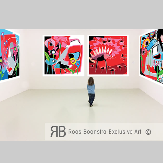 Decoratief, kleurrijk en kinderlijk schilderij in fine art kwaliteit. Naïeve kunst.