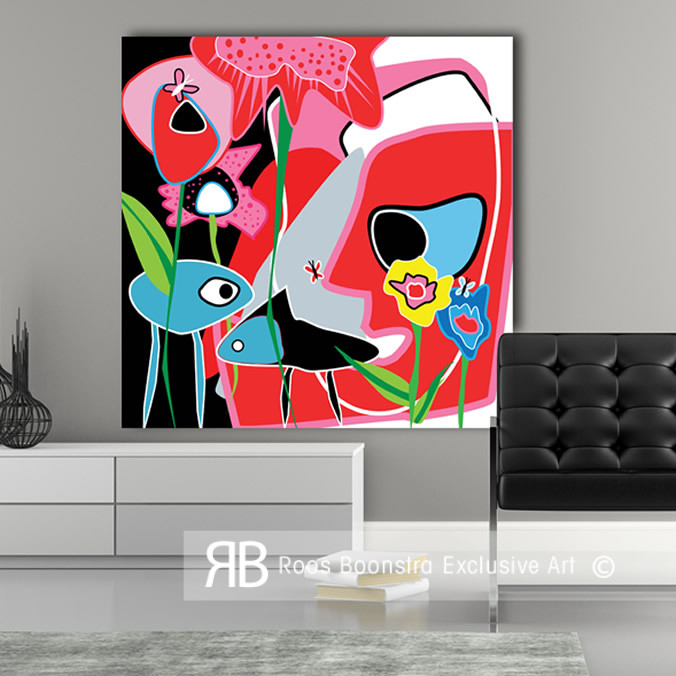 Kleurrijk abstract kunstwerk met gezicht, vlinder op de neus en expressieve bloemen, fine-art kwaliteit.