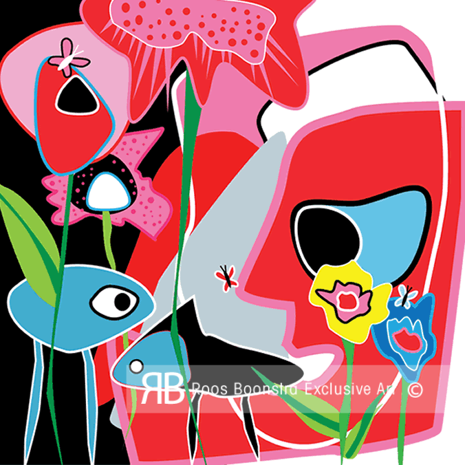 Fine-art schilderij met abstract gezicht, bloemen en vlinders in felle kleuren, moderne fantasie en natuur. Ook op diamantglas.