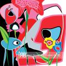 Fine-art schilderij met abstract gezicht, bloemen en vlinders in felle kleuren, moderne fantasie en natuur. Ook op diamantglas.