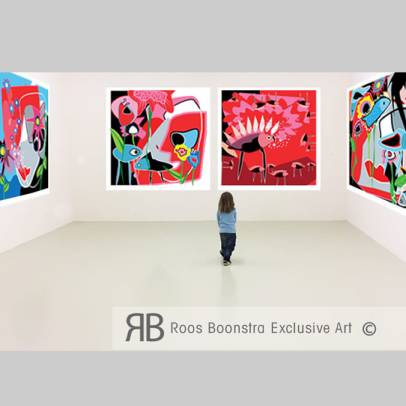 Thumbnail Decoratief, kleurrijk en kinderlijk schilderij in fine art kwaliteit. Naïeve kunst.