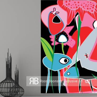 Thumbnail Modern schilderij in popartstijl met briljante kleuren, gestileerd gezicht, bloemen en vlinders, abstracte fantasie.