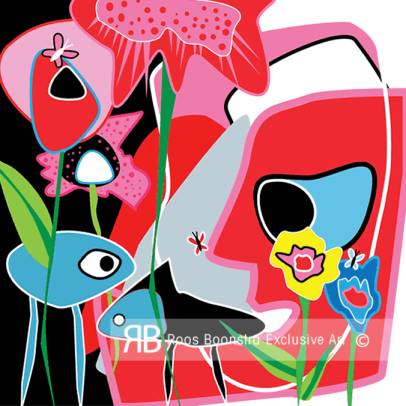 Thumbnail Fine-art schilderij met abstract gezicht, bloemen en vlinders in felle kleuren, moderne fantasie en natuur. Ook op diamantglas.