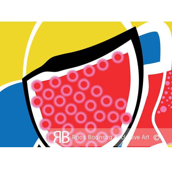 Acrylaat kunstwerk geïnspireerd op ruimtevaart, dynamische kleurvlakken in zwart, rood, geel en blauw, eigentijds abstract art concept.