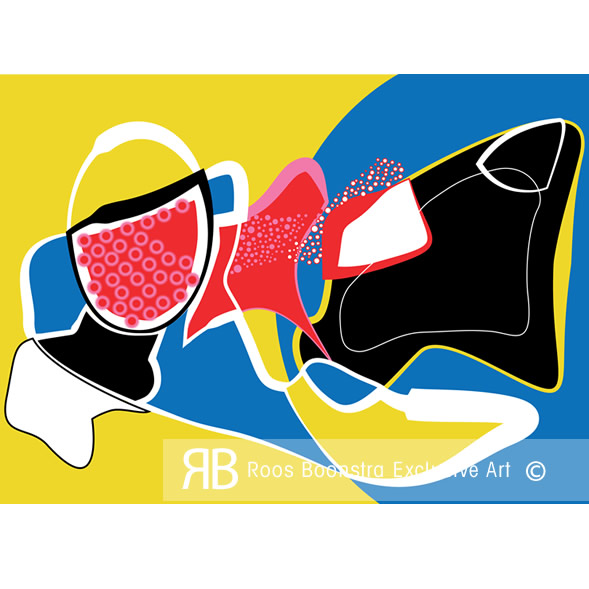 Modern schilderij met kosmisch thema, krachtige compositie en kleurrijke vormen, unieke eyecatcher voor het interieur.