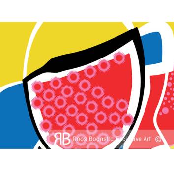 Thumbnail Acrylaat kunstwerk geïnspireerd op ruimtevaart, dynamische kleurvlakken in zwart, rood, geel en blauw, eigentijds abstract art concept.