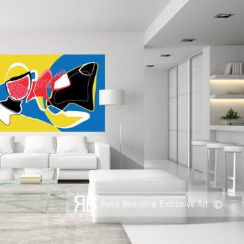 Thumbnail Abstract schilderij van astronaut in de ruimte, met briljante kleuren, expressieve lijnen en moderne compositie, perfecte wanddecoratie voor kunstliefhebbers.