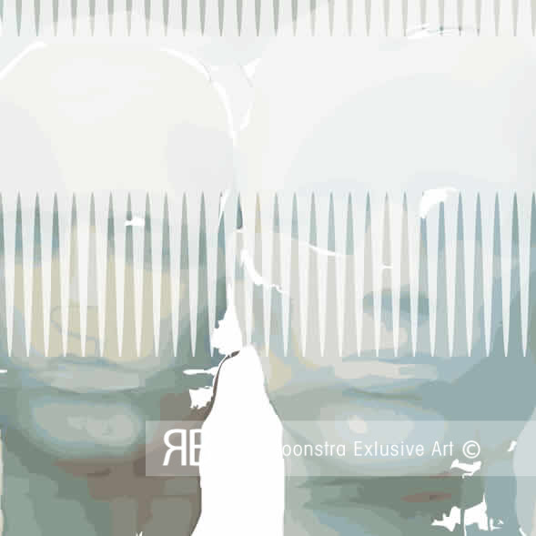 Groen schilderij met etalagepoppen op hoogwaardig acrylaat.
Abstract schilderij met dubbele gezichten achter transparante verticale lijnen, ingetogen kleuren en moderne compositie, gevangenschap uitbeeldend.