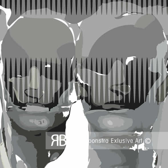 Abstract schilderij met dubbele gezichten achter transparante verticale lijnen, ingetogen kleuren en moderne compositie.