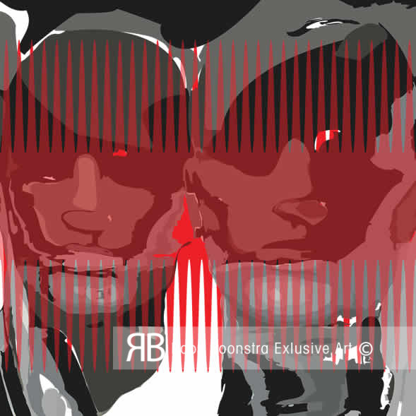 Modern kunstwerk met mysterieuze gezichten en verticale stroken, minimalistische stijl en krachtige uitdrukking.