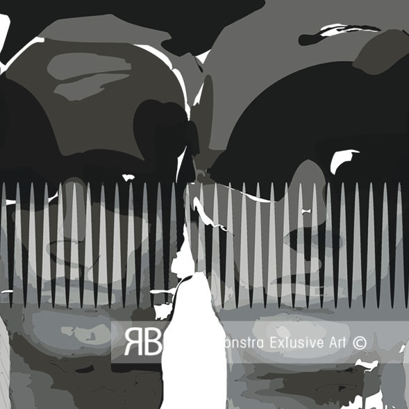 Schilderij in zwarttinten, gevangenschap uitbeeldend. Op plexiglas.