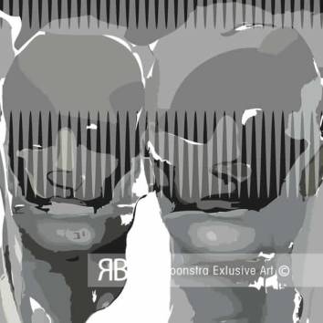 Thumbnail Abstract schilderij met dubbele gezichten achter transparante verticale lijnen, ingetogen kleuren en moderne compositie.