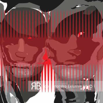 Thumbnail Modern kunstwerk met mysterieuze gezichten en verticale stroken, minimalistische stijl en krachtige uitdrukking.