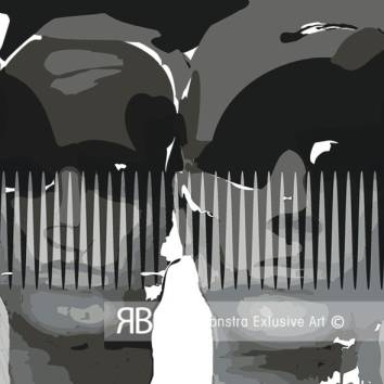 Thumbnail Schilderij in zwarttinten, gevangenschap uitbeeldend. Op plexiglas.