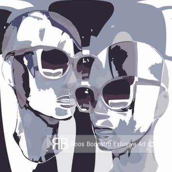 Thumbnail Abstract schilderij van twee zussen in paars/grijstinten met vloeiende lijnen en moderne compositie,  wanddecoratie, zusjes, zussen schilderij.