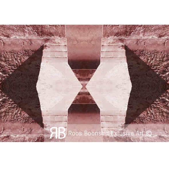 Detail fineart schilderij met rode en aardse tinten, symmetrische steenstructuren en abstract landschap, moderne kunstcompositie.