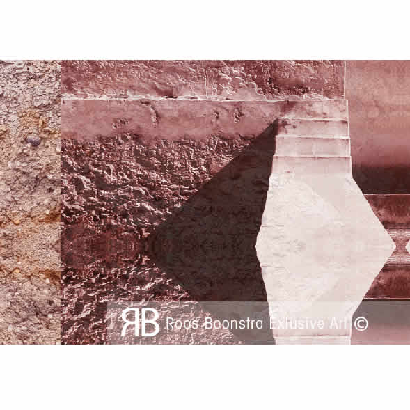 Abstract kunstwerk detail met verweerde texturen, warme kleuren en centrale poortvorm, exclusieve fineart voor kunstliefhebbers.