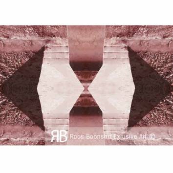 Thumbnail Detail fineart schilderij met rode en aardse tinten, symmetrische steenstructuren en abstract landschap, moderne kunstcompositie.