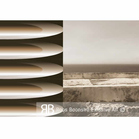 Abstract kunstwerk detail met herhaling van razorblade-vormen en uitzicht op horizon, exclusieve kunstfotografie.