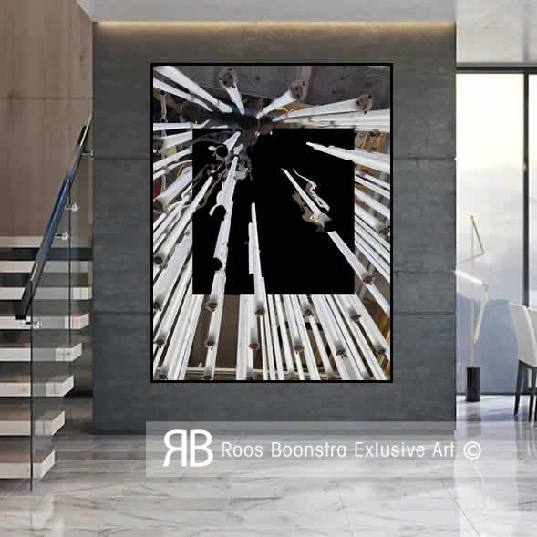 Moderne kunstinstallatie met witte lampen in perspectief, minimalistisch en industrieel kunstwerk. Past perfect in een modern interieur.