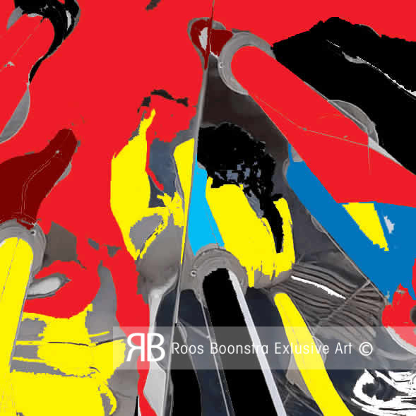 De compositie bestaat uit felgekleurde buislampen in rood, geel, blauw en zwart, die als krachtige lijnen diagonaal door het beeld snijden.