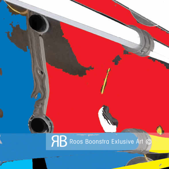 De combinatie van strakke lijnen en organisch gevormde details geeft dit kleurrijke abstracte werk een unieke balans tussen industriële precisie en artistieke vrijheid.