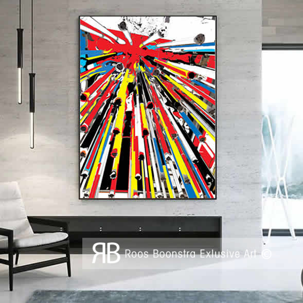 Dynamisch schilderij op diamantglas bestaande uit felgekleurde tl buizen