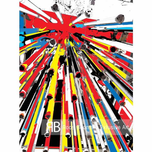 Dit werk toont een gedurfde compositie van felgekleurde buislampen die diagonaal door het beeldvlak snijden. De focus op detail en het perspectief van dichtbij geven de lampen een monumentaal karakter, terwijl de kleurencombinatie een gevoel van energie en spanning oproept.