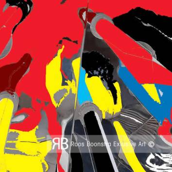 Thumbnail De compositie bestaat uit felgekleurde buislampen in rood, geel, blauw en zwart, die als krachtige lijnen diagonaal door het beeld snijden.