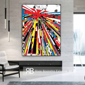 Thumbnail Abstract kunstwerk met gekleurde buislampen in rood, geel, blauw en zwart, perspectief vanuit het midden, fineart kwaliteit.