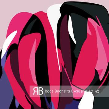 Thumbnail Gestileerde art deco tulpen in roze, zwart en paars, abstract fineart schilderij 