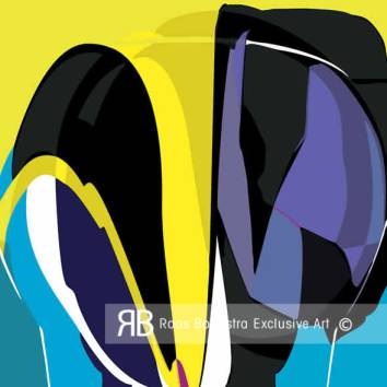 Thumbnail Gestileerde paarse tulpen in abstracte compositie met krachtige kleurvlakken, Avant-gardistisch fineart schilderij 