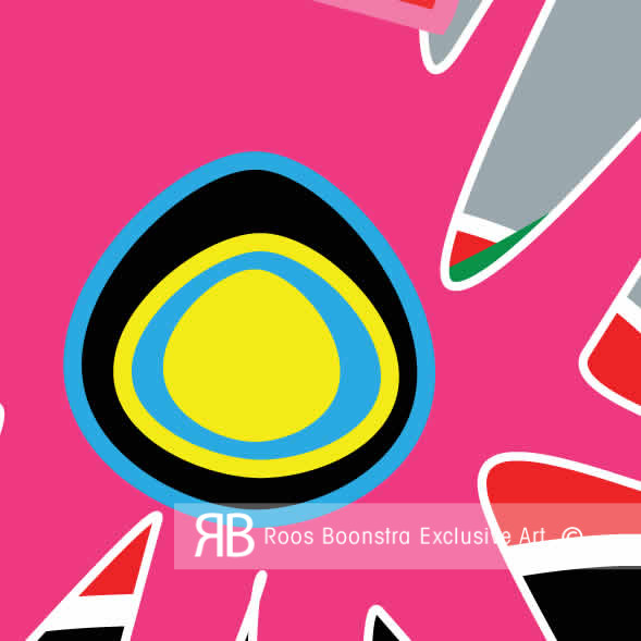 Kleurrijk kunstwerkdetail met gestileerde bloemvorm, felle roze achtergrond en grafische accenten, thema: energie en creativiteit.