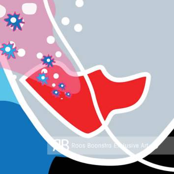 Thumbnail Modern kunstwerkdetail met felrood, blauw en grijs, bloemenmotieven en grafische lijnen, thema: verbeelding en energie.