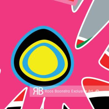 Thumbnail Kleurrijk kunstwerkdetail met gestileerde bloemvorm, felle roze achtergrond en grafische accenten, thema: energie en creativiteit.